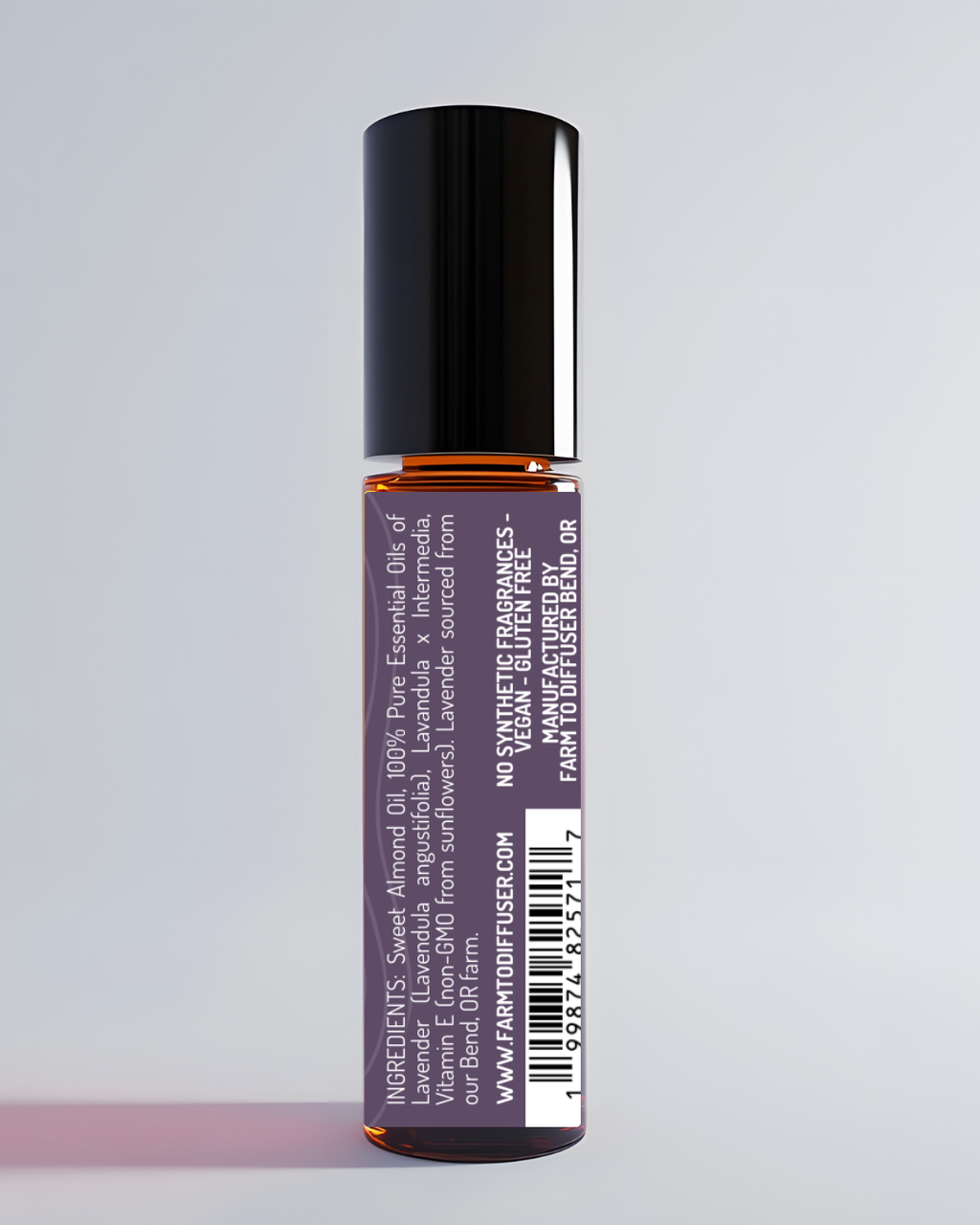 10ml roll-on bottle showing ingredient label: Oregon lavender essential oil, sweet almond oil | three ingredients