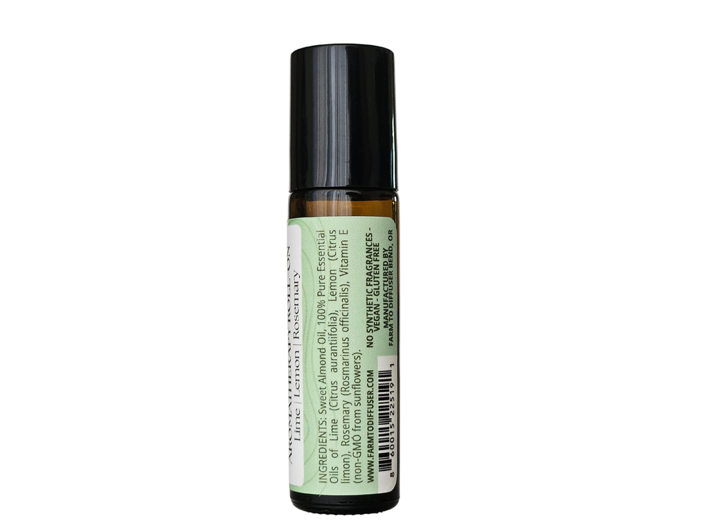 10ml roll-on bottle showing ingredient label: lime, lemon, rosemary | no synthetic fragrance