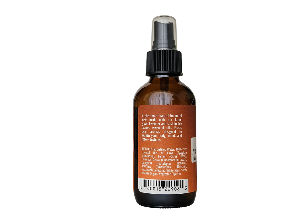 4 fl oz mist bottle showing ingredient label: clove, eucalyptus, rosemary, white sage | no synthetic fragrance