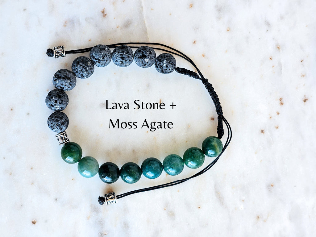 lava stone diffuser bracelet with moss agate gemstones and lavender essential oil
