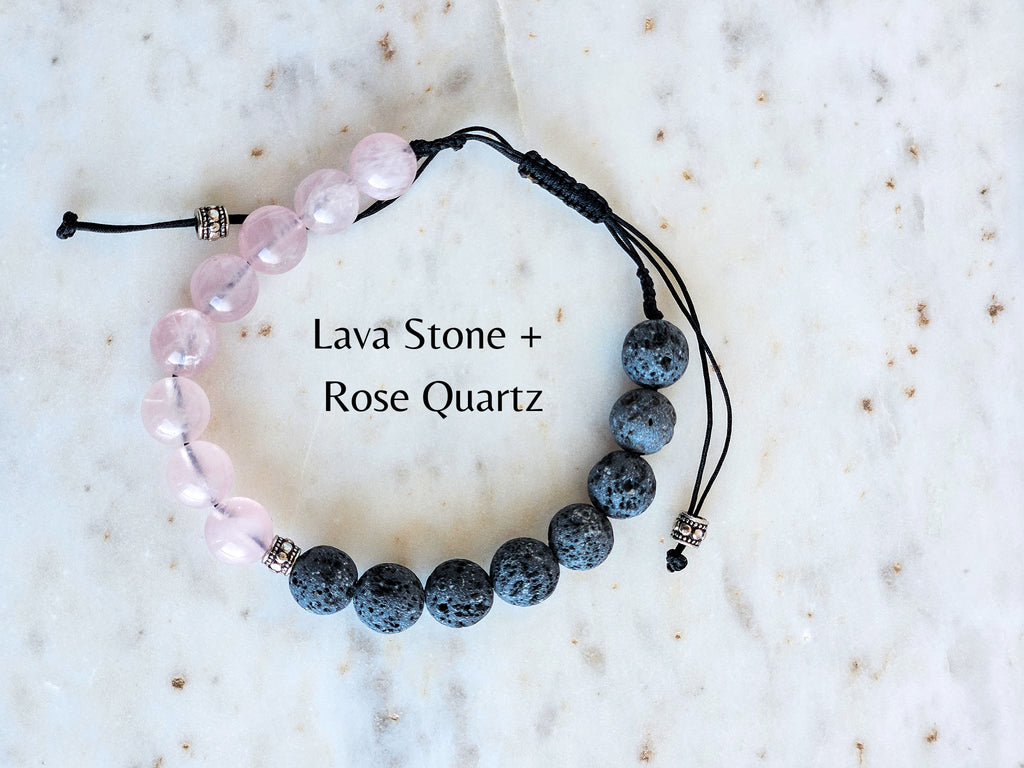 lava stone and rose quartz diffuser bracelet, adjustable band and lavender essential oil