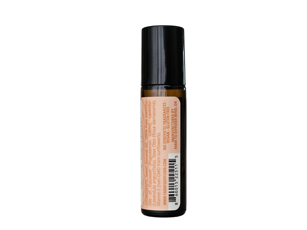 10ml roll-on bottle showing ingredient label: patchouli, rose otto, lavender | no synthetic fragrance