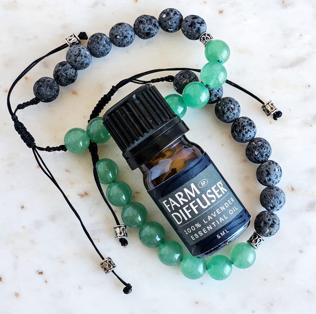 lava stone diffuser bracelet with aventurine gemstones and lavender essential oil